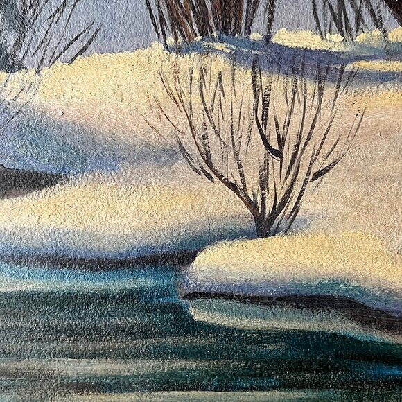 Vintage Original Winter Landscape Oil Painting Snowy Stream Trees Signed Framed - Picture 4 of 7